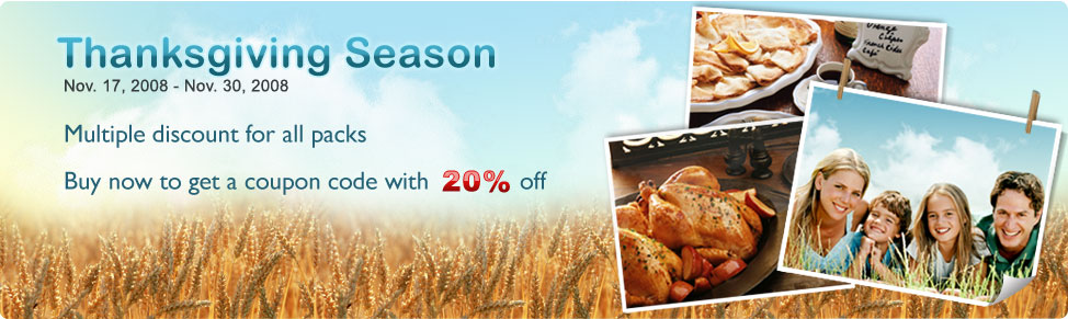 Thanksgiving Season - Multiple discount for all packs, buy now to get a coupon code with 20% price off!