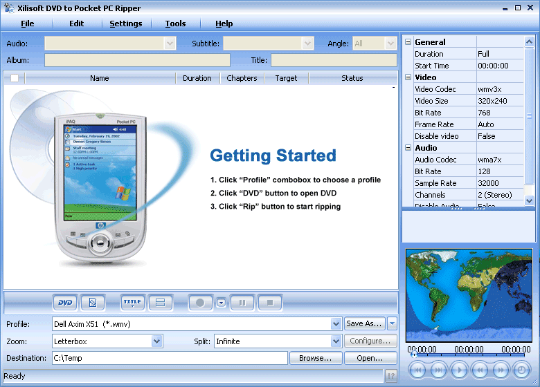 Screenshot of Xilisoft DVD to Pocket PC Ripper