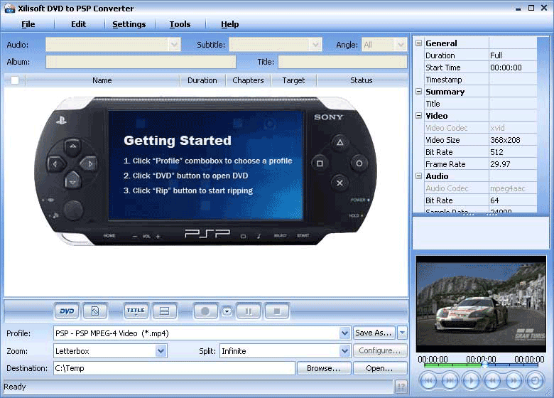 It can easily and fast convert DVD to PSP video format MP4 and PSP audio MP3. Screen Shot