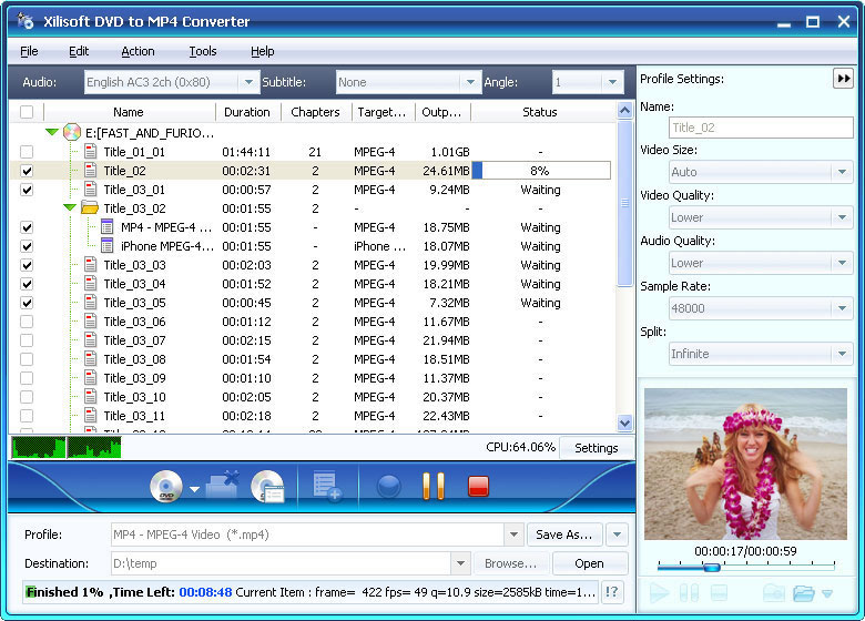 It converts DVD and other video formats to MP4 video easily and fast.